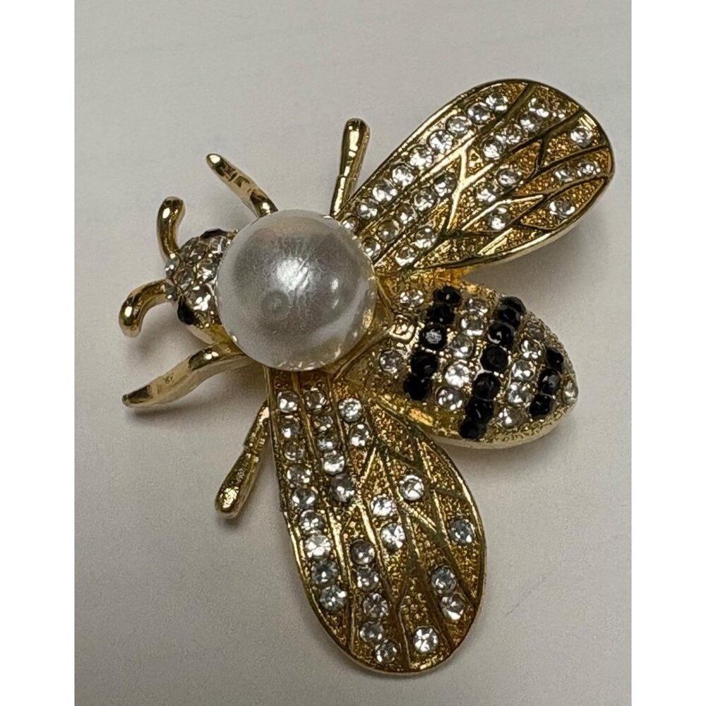Save the Bee Brooch Faux Pearl Rhinestones Gold Tone Large Fashion Jewelry Pin
